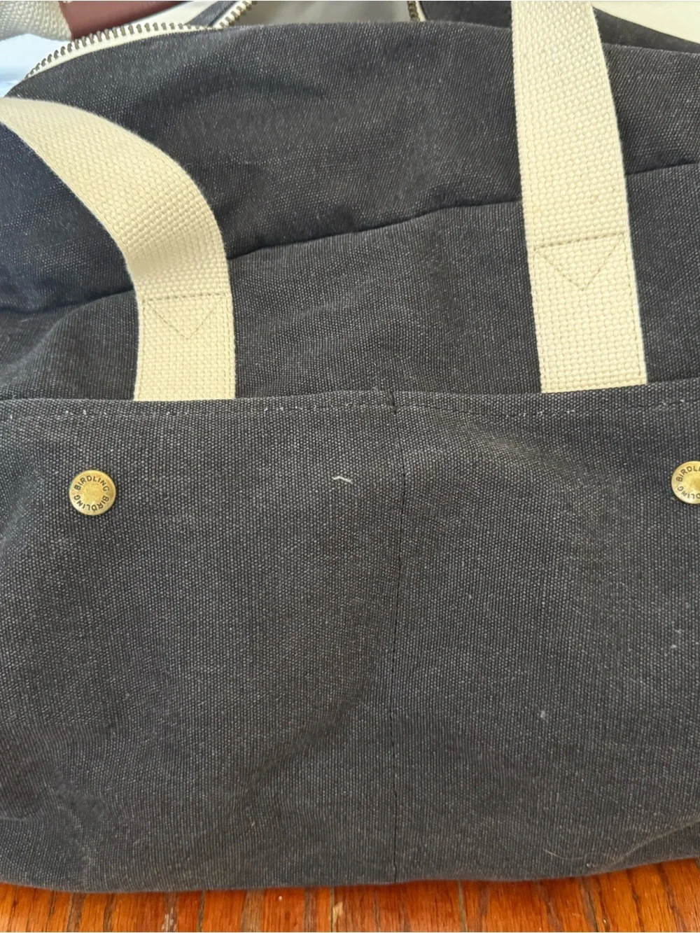 Birdling Black Canvas Duffel Bag with Cream Straps